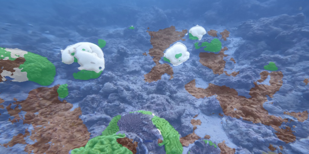 Segmentation overlay on a wide reef scene: green live coral, white bleached colonies, brown degraded substrate, blue background.
